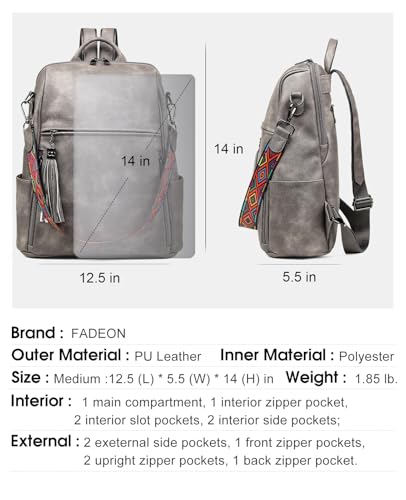 FADEON Leather Backpack Purse for Women Designer Travel Backpack Purses PU Fashion Ladies Shoulder Bag with Tassel - color: 1 Dark Grey Retro Style