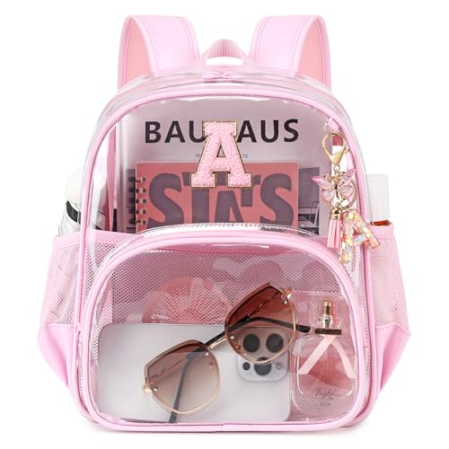 PIG PIG GIRL Clear Backpacks for Stadium Events Approved 12×6×12 Clear Bookbag for Women Mini Transparent Letter Back Pack, Pink, Letter-A - color: Pink, style: A
