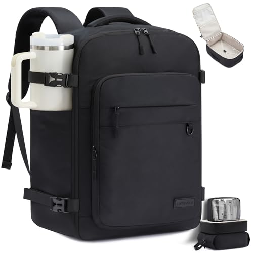 LOVEVOOK 40L Carry on Backpack, Large 17 Inch Travel Backpack for Women Men, Personal Item Bag Airline Approved with 3 Packing Cubes, Hiking Backpack Waterproof Weekender Essentials Casual Daypack - color: Black, size: 40L-4PCS