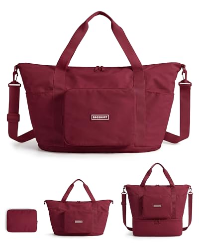 BAGSMART Foldable Travel Bag, 37L Expandable Personal Item Bag, Lightweight Weekender Bags for Women, Water Resistant Extra Carry on for Travel, Pomegranate Red - color: Pomegranate Red
