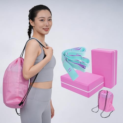 2 Pack Yoga Blocks 350g High Density, Non-Slip EVA Foam Brick with Bonus 11 loops Yoga Strap & Carry Bag, Pilates Block Set for Balance, Flexibility, Meditation, Home Gym & Studio - color: Pink Brick & Blue Band