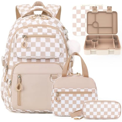 Bevalsa Backpack for Girls, School Bookbag Teen Girls Backpack Set with Bento Lunch Box, Insulated Bag & Pencial Case, 43oz Lunch Containers for Kids Elementary Middle Student (Khaki Checkerboard) - color: Khaki Checkerboard