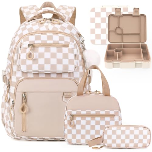 Bevalsa Backpack for Girls, School Bookbag Teen Girls Backpack Set with Bento Lunch Box, Insulated Bag & Pencial Case, 43oz Lunch Containers for Kids Elementary Middle Student (Khaki Checkerboard) - color: Khaki Checkerboard
