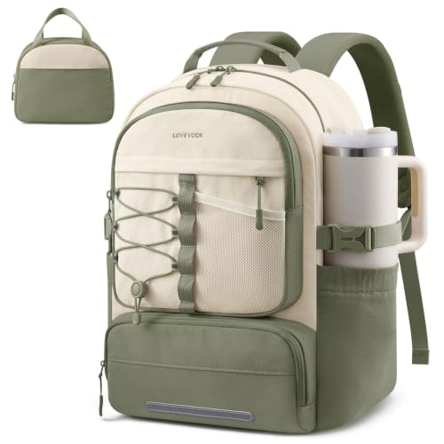 LOVEVOOK School Backpack for Teen Girls, 2PCS Cute Student Kids Bookbag Purse for Middle High School with Lunch Bag & Pens Compartment, Large Capacity College Student Backpacks, Fits 15.6'' Laptop - color: Pea Green&beige, size: Medium with lunch bag