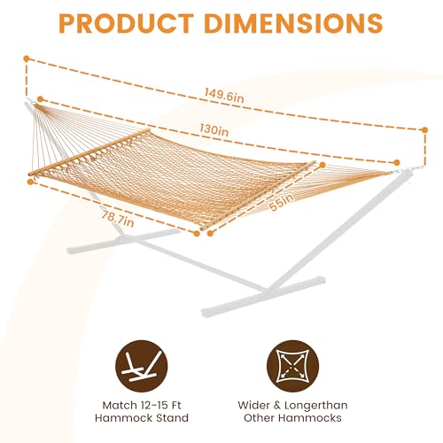 Lazy Daze Hammocks Double Rope Hammock, 2 Person Traditional Outdoor Hand Woven Cotton Rope Hammock with Spreader Bar, Carabiners, Tree Straps, Chains for Patio Yard - Max 450 Lbs, Tan - color: Tan