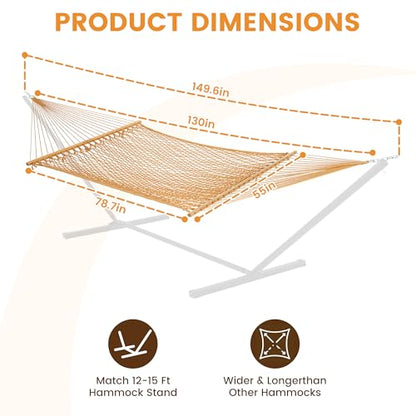 Lazy Daze Hammocks Double Rope Hammock, 2 Person Traditional Outdoor Hand Woven Cotton Rope Hammock with Spreader Bar, Carabiners, Tree Straps, Chains for Patio Yard - Max 450 Lbs, Tan - color: Tan