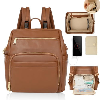Omanmoli Diaper Bag Backpack Leather Large Baby Diaper Bag Essentials With 18 Organizing Pockets,6 Insulated Pockets,USB Charging Port,Stroller Straps,Changing Pad (Brown) - color: Brown