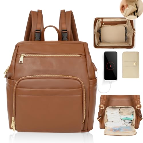 Omanmoli Diaper Bag Backpack Leather Large Baby Diaper Bag Essentials With 18 Organizing Pockets,6 Insulated Pockets,USB Charging Port,Stroller Straps,Changing Pad (Brown) - color: Brown