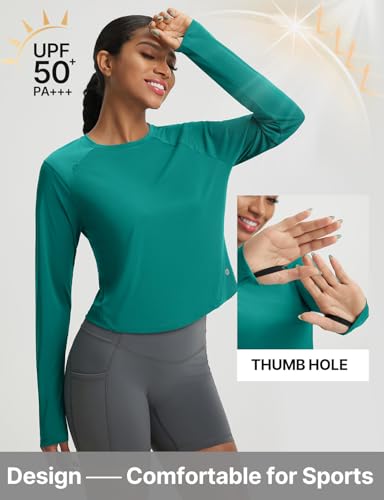 baleaf Women's UPF 50+ Long Sleeve Sun Shirts Crop Rash Guard UV Workout Tops SPF Slim Fit Lightweight Athletic Hiking - color: Green, size: X-Small