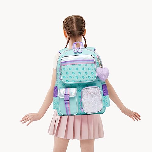 Meetbelify Aesthetic Backpack with Lunch Box Pencil Case for Elementary Students - Cute Bookbag for Girls 8-10 - color: Star Green 3pcs