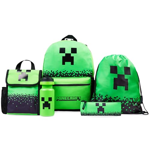 Minecraft Boys Backpack 5 Pc Gift Set with Creeper School Bookbag, Lunch Bag, Pencil Case, Water Bottle and Travel Daypack (Green) - color: Green