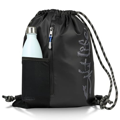 Salt Life Drawstring Backpack for Men and Women - Small Draw String Cinch Gym Bag with Water Bottle Pocket and Zipper Pocket - color: Black