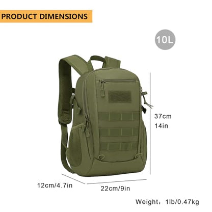 ArcEnCiel 10L/20L Mini X-Small Tactical Backpack MOLLE Daypack Gear Pack Camping Bag with Patch - color: Green, size: 10L