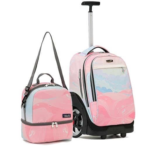 NEW TILAMI 19 Inch Rolling Backpack with Lunch Bag for Girls Boys Wheeled Laptop Backpack Durable Carry-on Bag School Travel, Pink - color: Pink