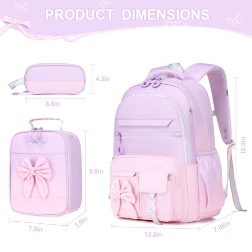 DIGOBAY Backpack for Girls, 3PCS Girls Backpack for School with Lunch Bag Pencil Case, Cute Kids Teens Bookbag for Kindergarten Elementary Preschool Middle School - color: Gradient Purple-pink