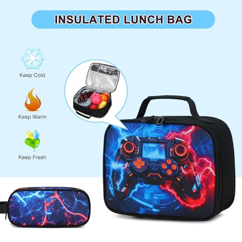 Scothen 3PCS Boys Backpack Set, Cool Backpack for Boys with Lunch Bag & Pencil Case, Kids School Bag Teen Boy Bookbag for Kindergarten Elementary Middle School with USB Charging Port - color: Red & Blue Lightning
