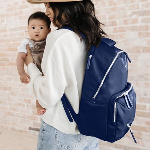JuJuBe Diaper Bag Backpack with Changing Pad, 11-Pocket Large Capacity Organizer, 2 Interior Insulated Bottle Pockets, Wipe Pocket, Stroller Straps, Trolley Sleeve, Machine Washable (Navy) - color: Navy