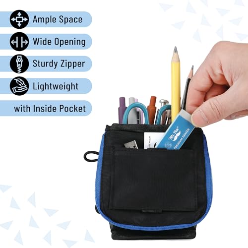Mr. Pen- Standing Pencil Case Pouch, Sit & Lay Mesh-View Design, Black with Blue Zipper, Interior Pocket & 2 Elastic Binder Loops, Cute Pencil Case for Girls and Boys - color: Black with Blue Zipper
