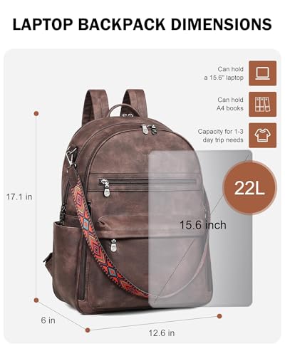 FADEON 15.6 inch Laptop Backpack Purse for Women Designer PU Leather Computer Backpacks Fashion for Work Travel Coffee Brown - color: Coffee Brown Retro Style
