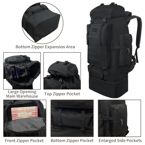 70L/100L Hiking Backpack with USB Charging Port, Expandable Large Military Tactical Backpack, Waterproof MOLLE Rucksack Travel Backpacking Daypack for Camping Climbing (Black) - color: 100l Black-usb Port