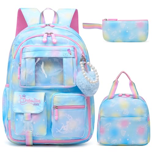 Alrisg Girls Backpack Set School Bookbag for Kids Elementary Middle School, Cute Backpack for Girls Blue - color: Blue, size: 17 inch Set