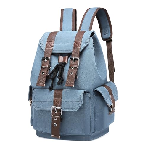 Vintage Canvas Backpack for Men Women, Durable Casual Daypack, Large Capacity Travel Rucksack Fits for Hiking and Daily Use (Blue) - color: Blue