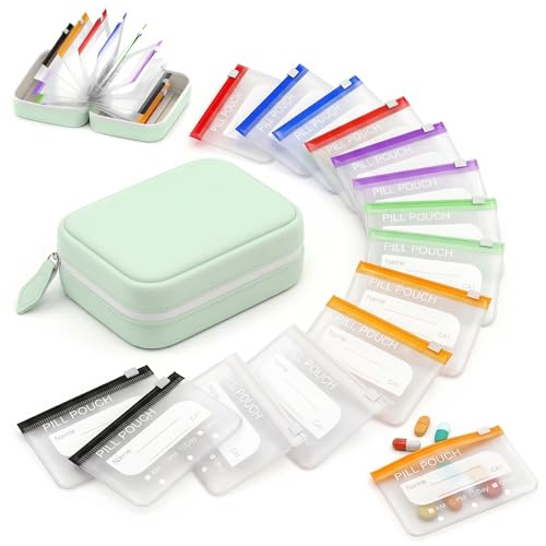 A8 Waterproof Pill Pouch Set, Large Weekly Pill Organizer with 14 Color-Coded Medicine Pouches, Reusable Large Medicine Organizer for Travel, 7 Day Portable Medicine Pill Case (Green)
