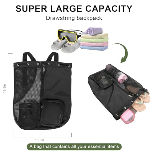 Mesh Backpack,Mesh Swim Drawstring Backpacks with Wet/Dry for Beach,Swimming,Gym,Pool,Workout Gear and Sports, Black