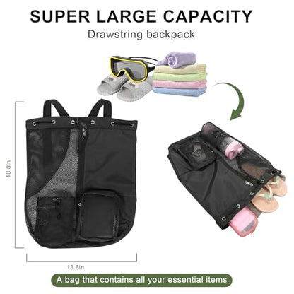 Mesh Backpack,Mesh Swim Drawstring Backpacks with Wet/Dry for Beach,Swimming,Gym,Pool,Workout Gear and Sports, Black