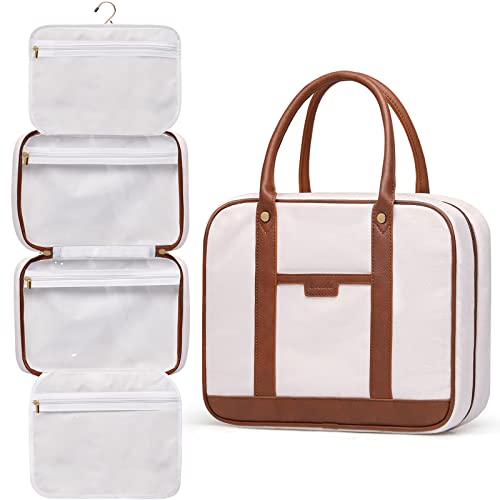 Bosidu Hanging Travel Toiletry Bag,Large Capacity Cosmetic Travel Toiletry Organizer for Women with 4 Compartments & 1 Sturdy Hook,Perfect for Travel/Daily Use/Christmas - color: P-Beige