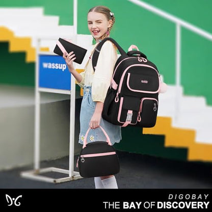 DIGOBAY Backpacks for Girls, 3PCS School Backpack with Lunch Box Pencil Pouch for Teen Girls Kids Elementary Primary Middle High College School Bookbag Set （Black-Pink） - color: Black-pink