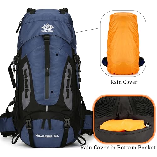YFREAL 60L Travel Hiking Camping Backpack with Rain Cover,Backpack Water Resistant,Climbing Backpack for Men Women (DEEP BLUE) - color: Deep Blue