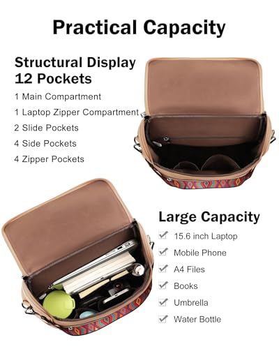 FADEON Laptop Backpack for Women Leather Travel Backpack with Laptop Compartment, Designer Ladies Computer Backpacks Camel - color: Camel Brown Retro Style