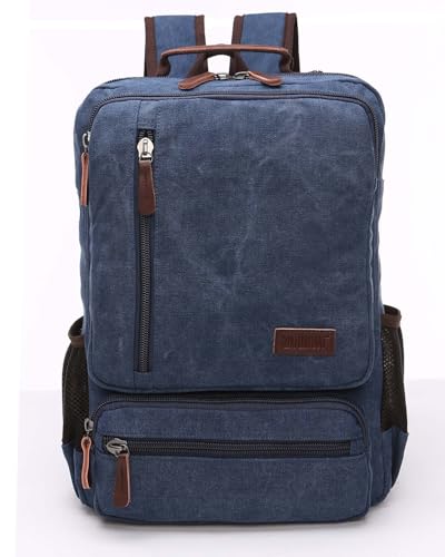Vintage Canvas Backpack, Resistant Hiking Camping Rucksack Casual Daypack Backpacks for Men&Women Fits 15.6’’ Laptop - color: Navy Blue