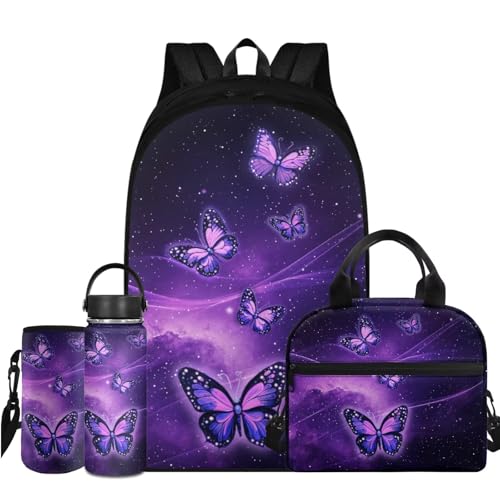 Flashideas Aesthetic Galaxy Butterfly Backpack for Girls Kids Backpack with Lunch Box 32 Ounce Water Bottle and Water Bottle Carrier 4Pcs Set 17" Bookbag with Compartments Large Capacity School Bag - color: Aesthetic Purple Galaxy Butterfly