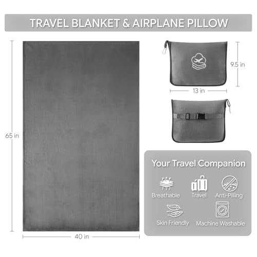 Travel Blanket, Soft 2-in-1 Airplane Blanket, 65x40 Inches, Travel Blanket Airplane Compact with Bag, Car Blanket with Luggage Sleeve & Backpack Clip (Light Grey) - color: Light Grey
