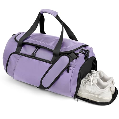 Gym Bag for Men Women, Purple | Shoe Compartment, Wet Pocket, Water Resistant, Shoulder & Messenger Bag, Weekend Overnight Travel - color: Purple