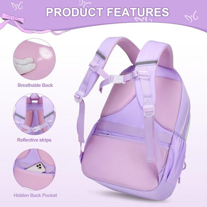 DIGOBAY Backpack for Girls, 3PCS Girls Backpack for School with Lunch Bag Pencil Case, Cute Kids Teens Bookbag for Kindergarten Elementary Preschool Middle School (Purple) - color: Beige-purple