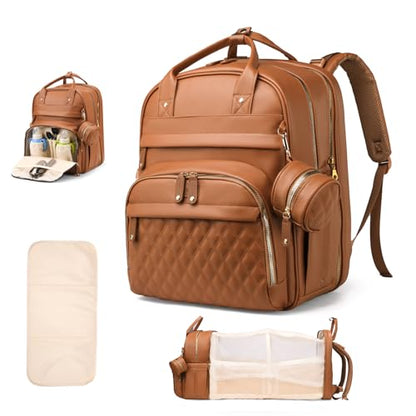 Diaper Bag Backpack with Changing Station, Waterproof for Travel, Vegan Leather, Brown - color: Brown