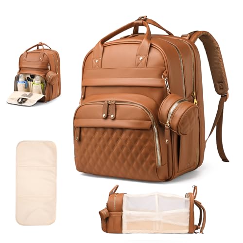 Diaper Bag Backpack with Changing Station, Waterproof for Travel, Vegan Leather, Brown - color: Brown