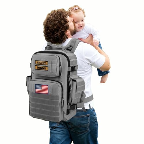 SHARKMOUTH Baby Diaper Bag for Dad - Military Diaper Backpack with Patches for Outdoor Hiking Travel Camping Park - Baby Shower Gifts Gray - color: Gray