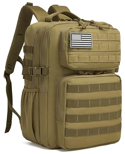 Wotony Military Tactical Backpack for Men Waterproof Daypack 3 Day Assault Pack Molle Bag with Water Bottle Holder - color: Khaki, size: 35L