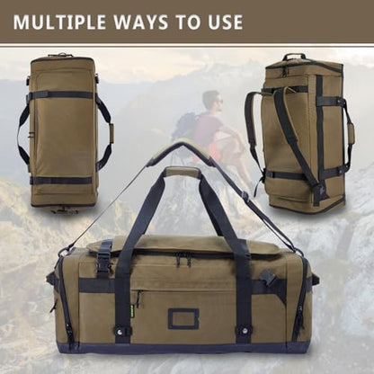 Large Duffle Bag for Travel - Men & Women, Foldable Gym Duffle Backpack, Heavy Duty Tactical Military Canvas Duffel Bags, Extra Big Carry On with Shoe Pockets, Waterproof (80L/103L) - color: Brown, size: L(103L)