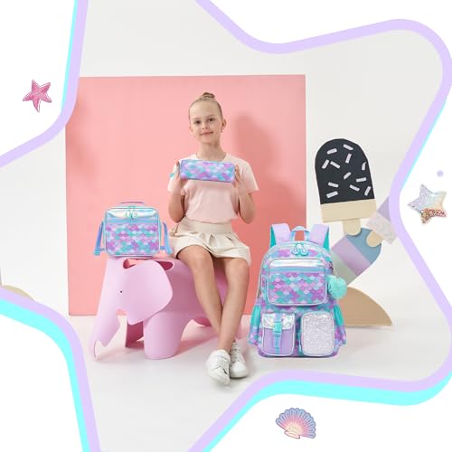 Meetbelify Mermaid Backpack for Girls School Backpack with Lunch Box for Elementary Student Cute School Bag Kids Bookbag for Girls 8-10 - color: Mermaid
