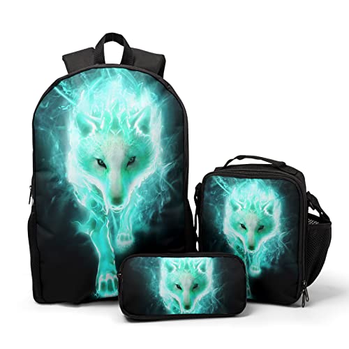 Giwawa Cyan Wolf Backpack 3-Piece Set, Cool Wilderness Animal Pattern Bookbag Lunch Bag Stationery Holder Case for School College Students Daily Essentials Camping Trips Outdoor Travel - color: Cyan Wolf