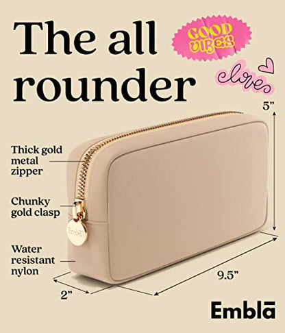 Embla Medium Travel Makeup Bag and Waterproof Nylon Travel Toiletry Bag with Smooth Zipper, Compact Slim Cosmetic Pouch, Beige - color: Sand, size: Small