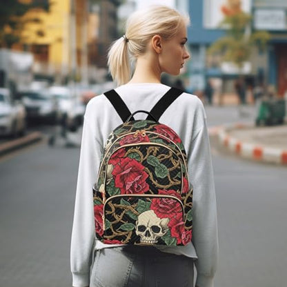 susiyo Gothic Rose Skull Pattern Backpack for Women Red Black Gold 10L Bag Halloween Romantic Ladies Backpacks Travel Casual Daypack - color: Red Black Gold, size: Small