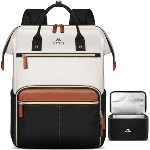 MATEIN Laptop Backpack with Lunch Box, 17.3 Inch Lunch Backpack for Women, College Computer Back Pack Work Backpacks with Insulated Lunchbox Meal Prep Bag for Teacher Nurse Commute Office, 2Pcs Set - color: Black White Brown, size: 17.3 Inch