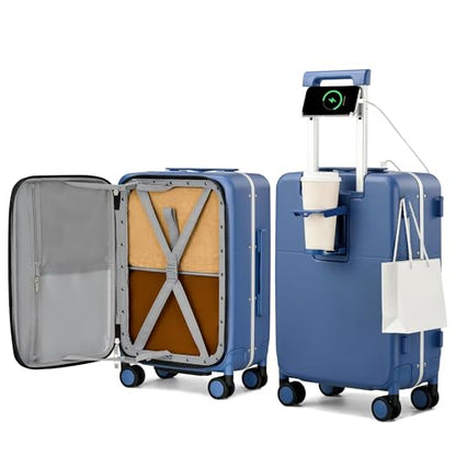 Hanke 20 Inch Top Opening Carry On Luggage with Cup Holder, Hard Shell Suitcase with Spinner Wheels, USB Ports, TSA Lock Aluminum Frame, Dry Wet Separation & Removable Divider, Interstellar Blue - color: Interstellar Blue, size: 20 Inch Pro
