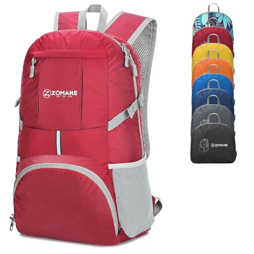 ZOMAKE Lightweight Packable Backpack 35L, Light Foldable Backpacks Water Resistant Collapsible Hiking Bag, Compact Folding Day Pack for Travel Camping(Red) - color: Red